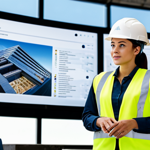Home 4 A professional female construction engineer, dressed in a modest hard hat, safety vest, and professional work attire, stands confidently on a clean, modern construction site. In the background, a large digital screen displays a detailed BIM (Building Information Modeling) model, and a high-tech drone is subtly visible flying overhead, surveying the site. The scene emphasizes digital transformation, AI integration, and technological innovation in the construction industry, with a focus on efficiency and advanced methods. She has a thoughtful, focused expression. Fully clothed, appropriate attire, safe for work, perfect anatomy, natural proportions, professional photography, high quality, well-formed hands, proper finger count, natural body proportions, professional, family-friendly.