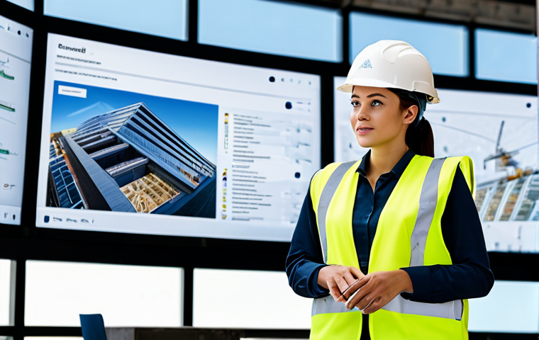A professional female construction engineer, dressed in a modest hard hat, safety vest, and professional work attire, stands confidently on a clean, modern construction site. In the background, a large digital screen displays a detailed BIM (Building Information Modeling) model, and a high-tech drone is subtly visible flying overhead, surveying the site. The scene emphasizes digital transformation, AI integration, and technological innovation in the construction industry, with a focus on efficiency and advanced methods. She has a thoughtful, focused expression. Fully clothed, appropriate attire, safe for work, perfect anatomy, natural proportions, professional photography, high quality, well-formed hands, proper finger count, natural body proportions, professional, family-friendly.